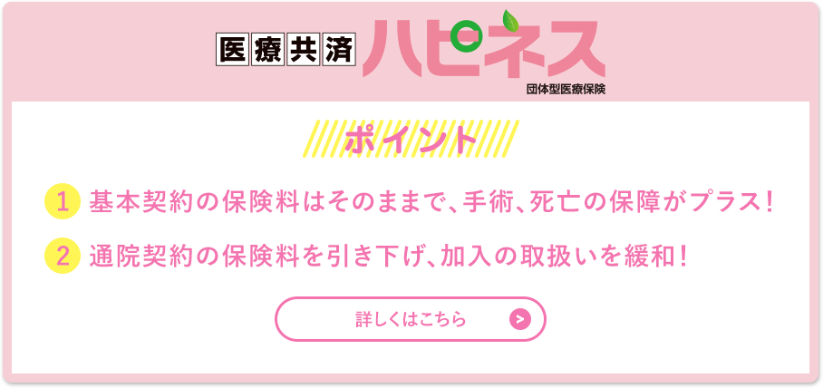 団体型医療保険「医療共済ハピネス」ポイント