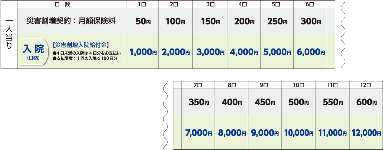 災害割増契約保険料表（加入口数　1口～12口）